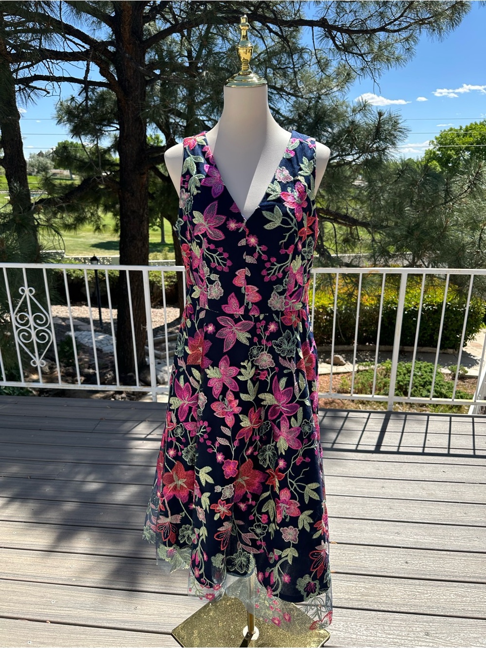 Jessica Howard Navy Midi Dress with Pink & Green Floral Embroidery